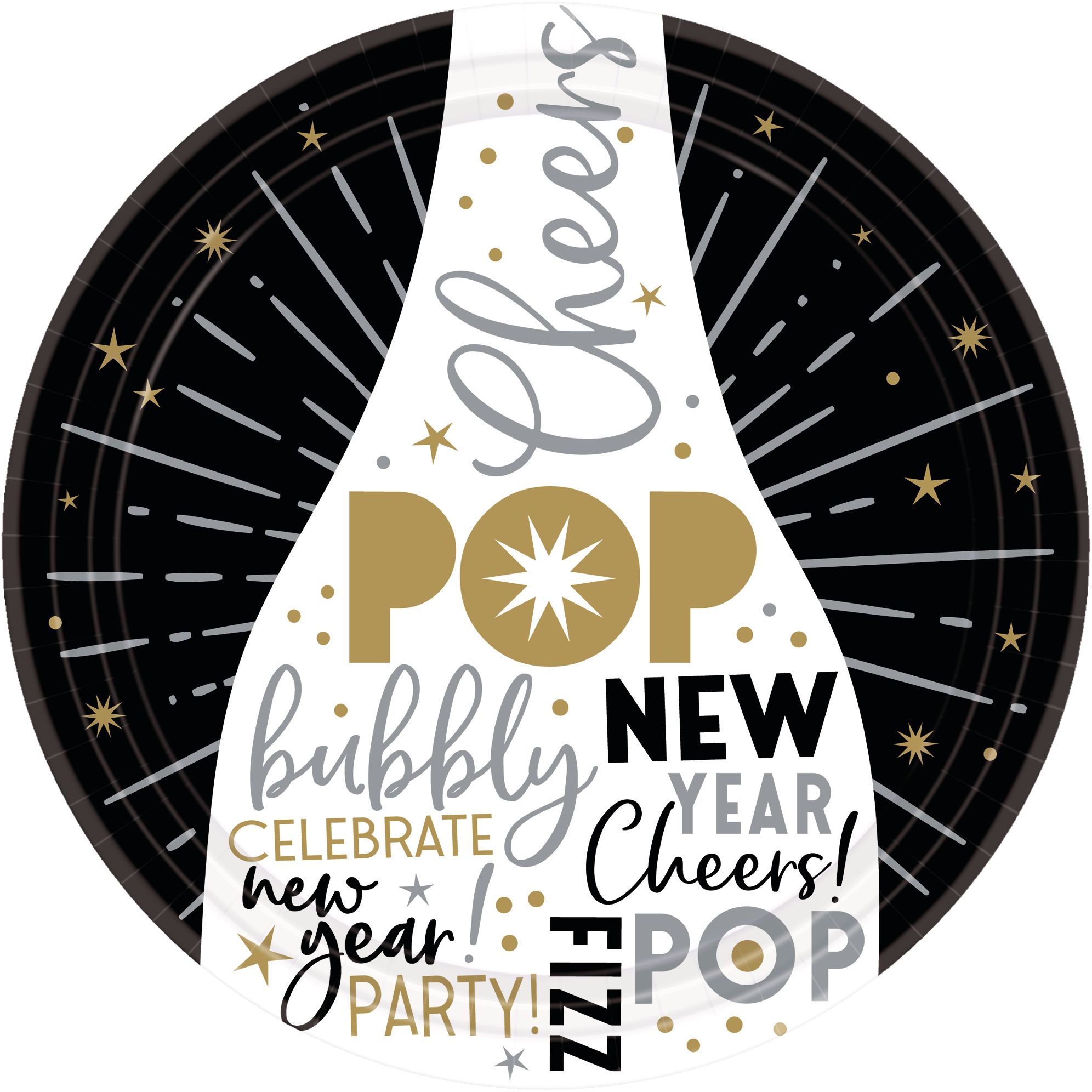 Black, Gold & Silver New Year's Eve Dessert Plates, 60-pk Overhead_Flat
