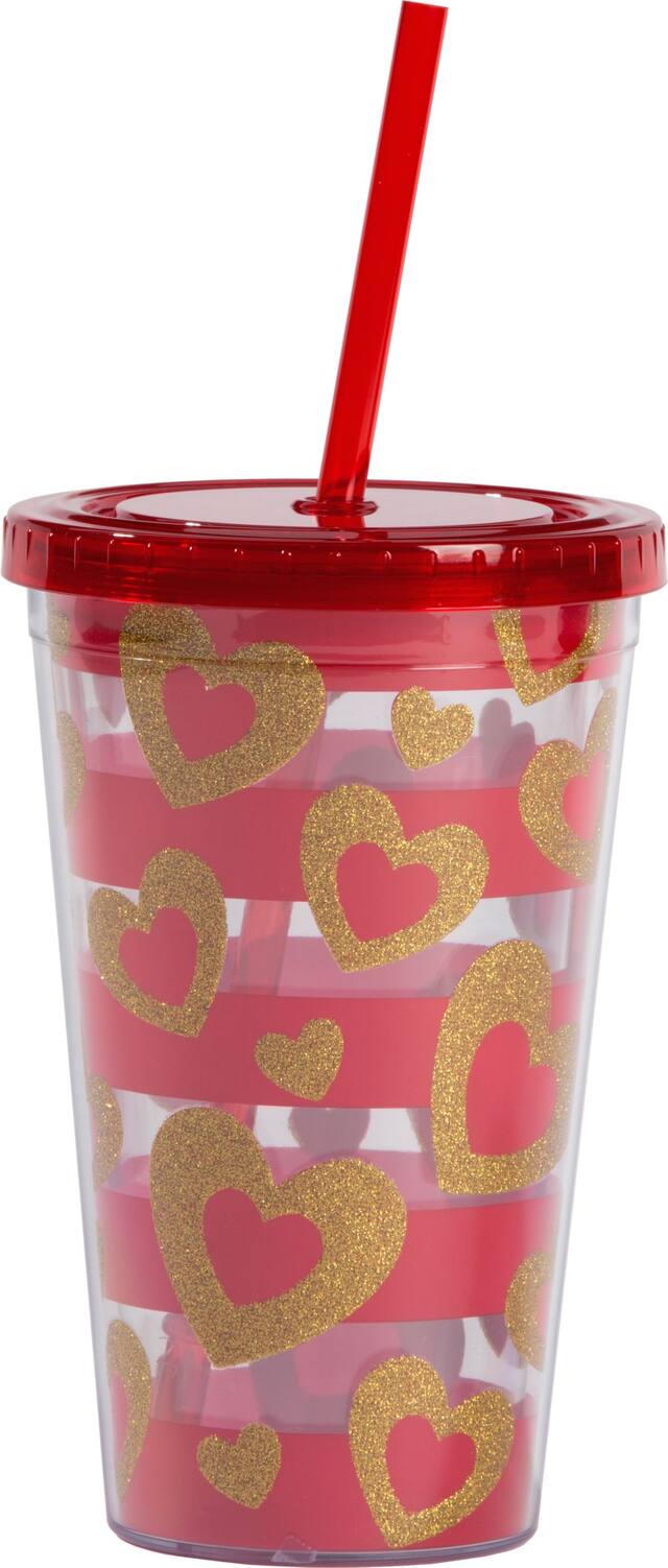 Verre à double paroi avec paille Coeur doré Saint-Valentin Front_Flat
