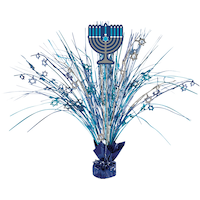 Menorah Metallic Tinsel Spray Burst Centerpiece Table Decoration, Blue, 18-in, for Hanukkah Front_Flat