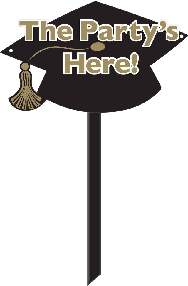 Affiche de pelouse chapeau du diplômé noir et or Front_Flat