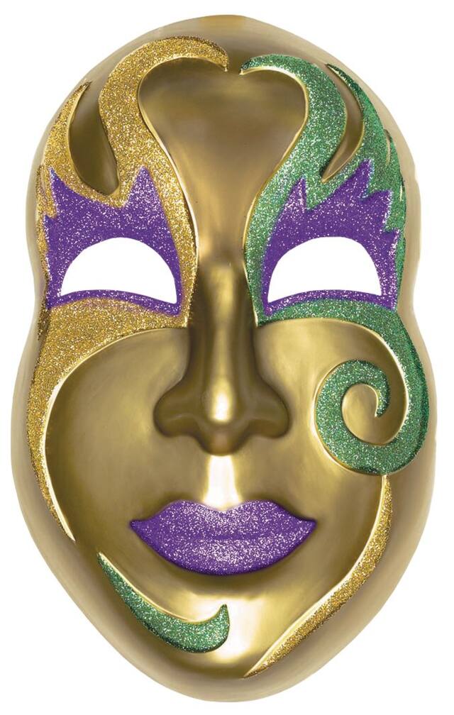 Masquerade Mask Decorative Mask, Gold/Purple/Green, 21-in, for Mardi Gras Front_Flat