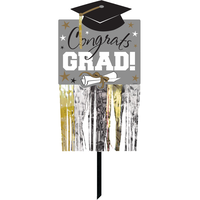 Affiche de pelouse à franges du diplômé noir, or et argent Front_Flat