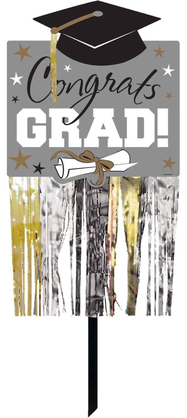 Affiche de pelouse à franges du diplômé noir, or et argent Front_Flat