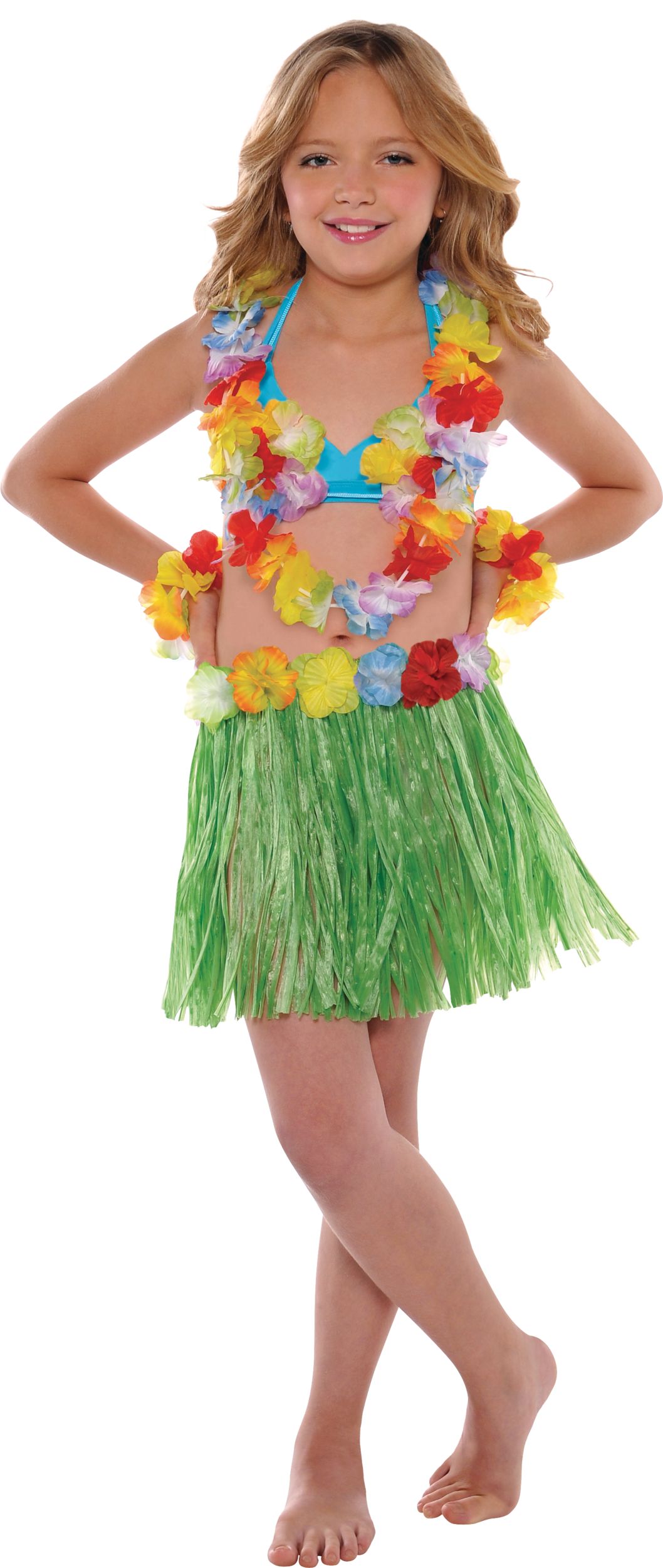 Kids Plastic Grass Hula Kit with Skirt, Bra, Wristlets & Lei, Green/Multi-Coloured, One Size, 5-pk, for Summer Party Front_Flat