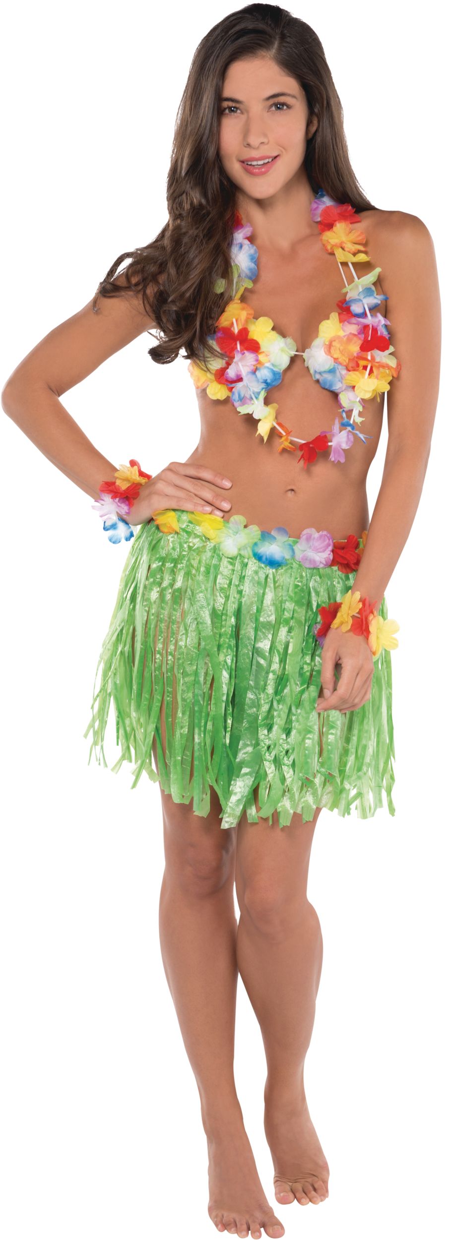 Adult Plastic Grass Hula Skirt Kit with Skirt, Bra, Wristlets & Lei, Green/Multi-Coloured, One Size, 5-pk, for Summer Party Front_Flat