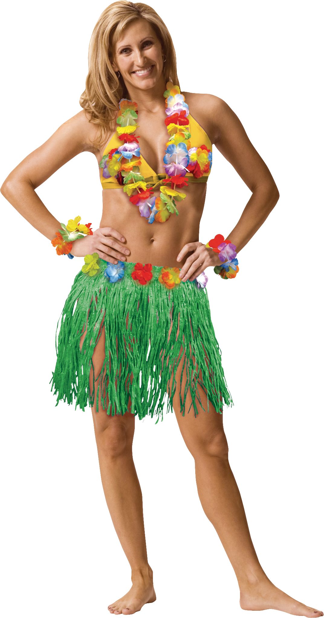 Adult Plastic Grass Hula Kit with Skirt, Bra, Wristlets & Lei, Green/Multi-Coloured, XL, 5-pk, for Summer Party Front_Flat
