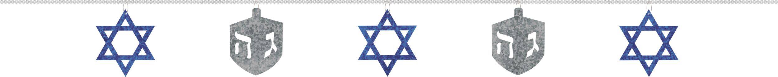 Star of David & Dreidel String Hanging Garland Banner Decoration, Blue/Silver, 9-ft, for Hanukkah Front_Flat