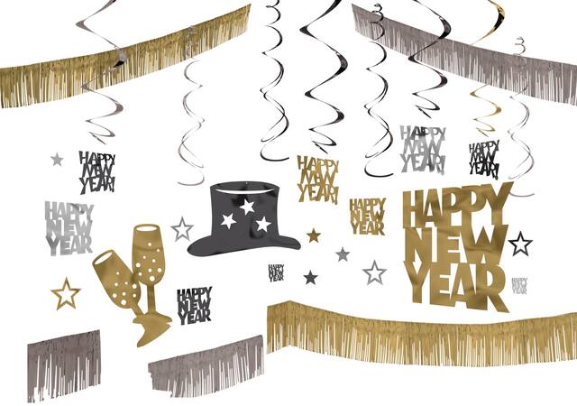 Kit de décoration de salle du Nouvel An noir, argent et or, paq. 28 Composite_or_Mixed