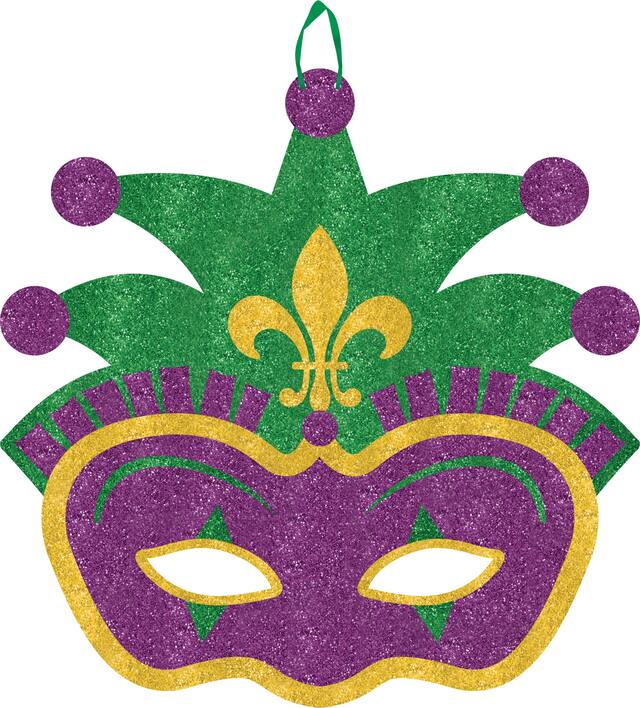 Masquerade Mask Hanging Sign Decoration, Green/Yellow/Purple, 11.5-in, for Mardi Gras Front_Flat