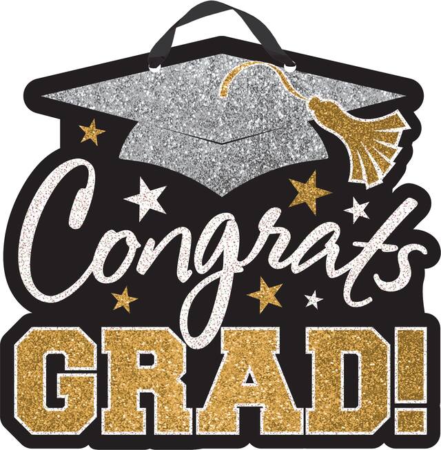 Black, Gold, & Silver Glitter Congrats Grad Graduation Sign Front_Flat