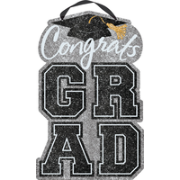 "Congrats Grad" Hanging Sign Decoration, Black/Silver, 20.75-in, for Graduation Front_Flat