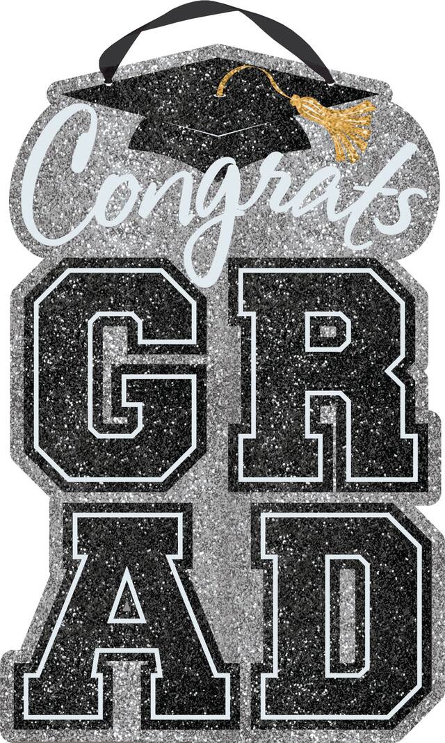 "Congrats Grad" Hanging Sign Decoration, Black/Silver, 20.75-in, for Graduation Front_Flat