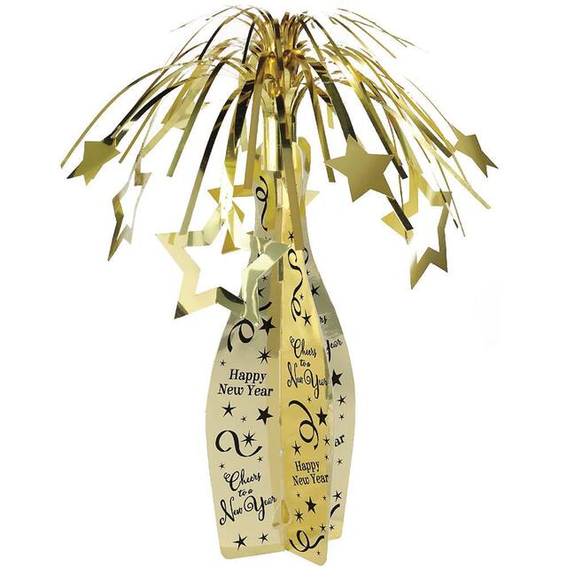 "Cheers to the New Year" Metallic Tinsel Spray Burst Centerpiece Table Decoration, Gold, 19-in, for New Year's Eve Front_Flat