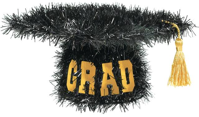 Grad Cap Tinsel Sign Table Centrepiece Decoration, Gold/Black, 7.5-in, for Graduation Party Front_Flat