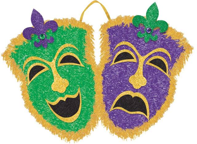 Comedy & Tragedy Tinsel Mask Hanging Decoration, Gold/Green/Purple, 20-in, for Mardi Gras Front_Flat