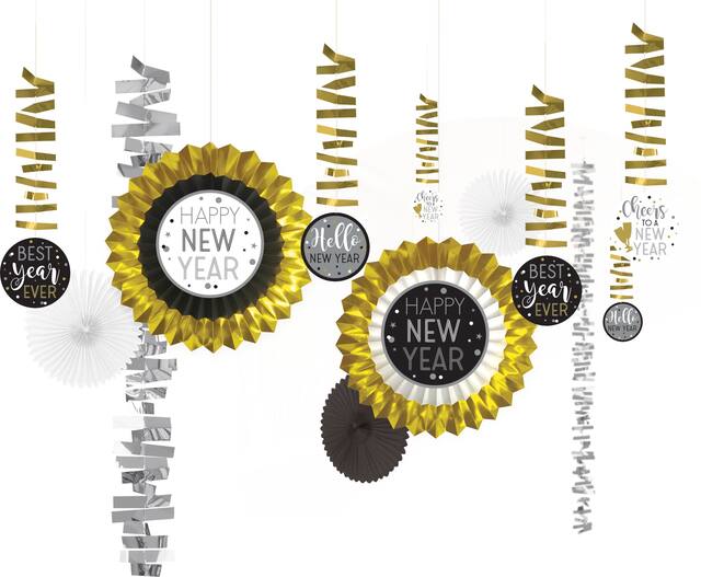 Black, Gold & Silver New Year's Eve Room Decorating Kit, 13-pc Front_Flat