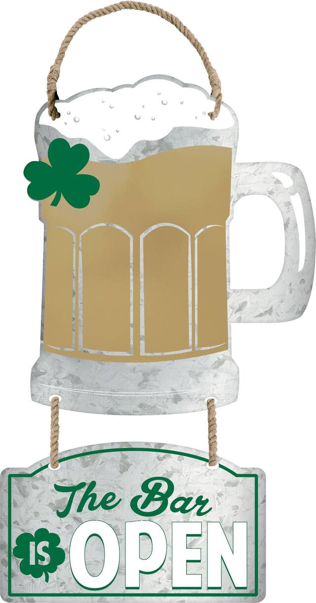 The Bar is Open Beer Mug Metal Stacked Hanging Sign Decoration, Gold/Silver/Green, 13-in, for Rustic St. Patrick's Day Decor Front_Flat