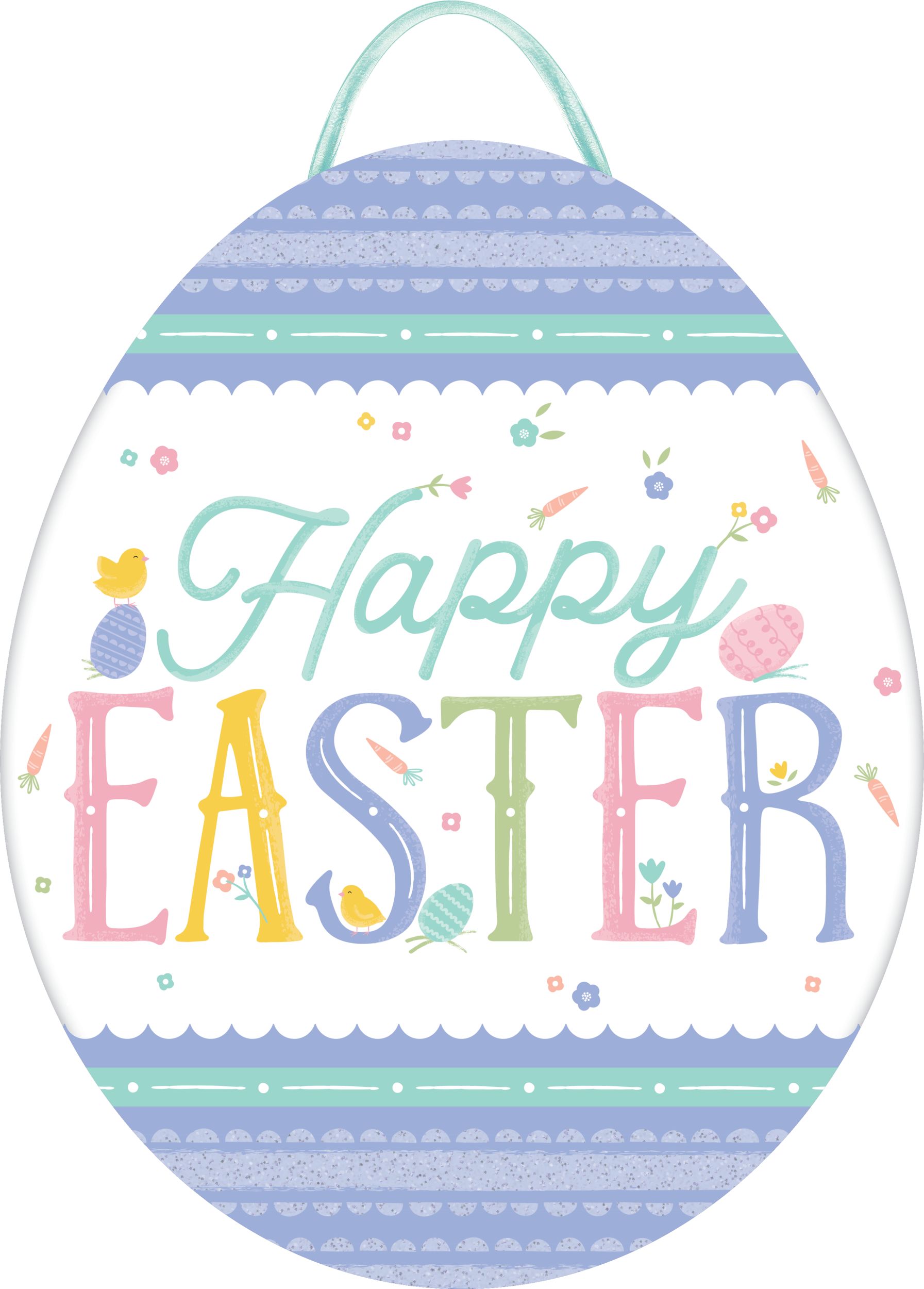 "Happy Easter" Easte Egg Hanging Sign Decoration, Blue/White, 11.5-in, for Easter Front_Flat