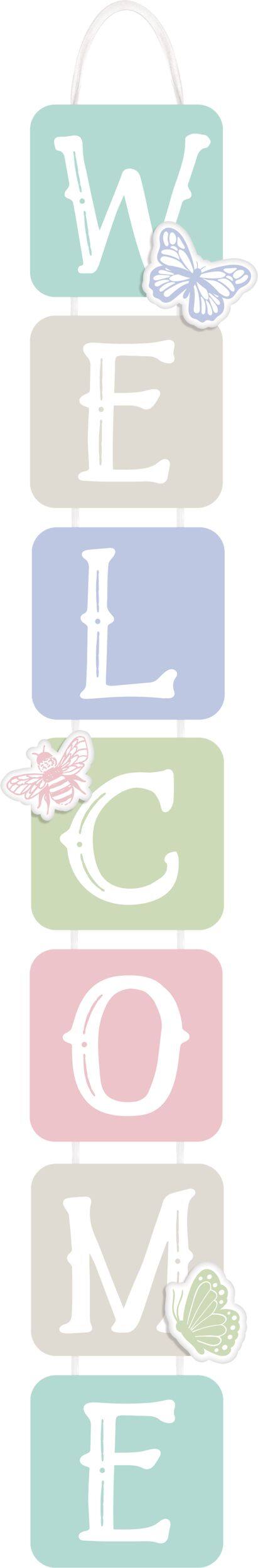 "Welcome" Shamrock Hanging Sign Decoration, Pastel Multi-Coloured, 28-in, for Easter/Spring Front_Flat