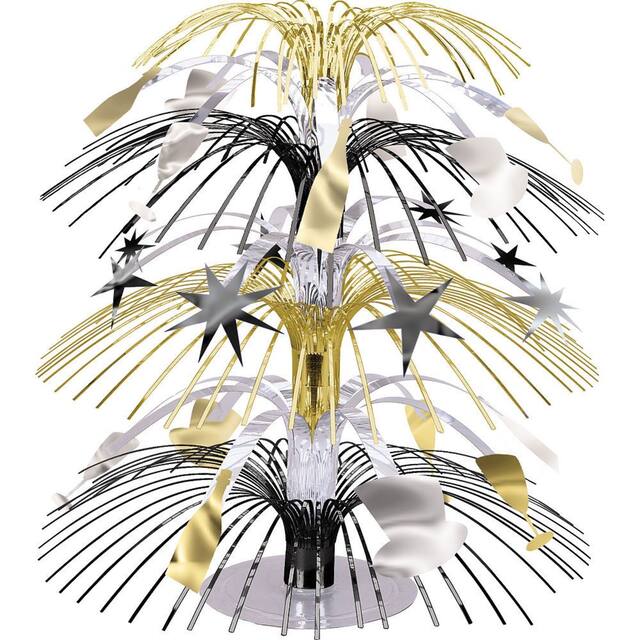 Centre de table en cascade du Nouvel An, noir, or et argent Front_Flat