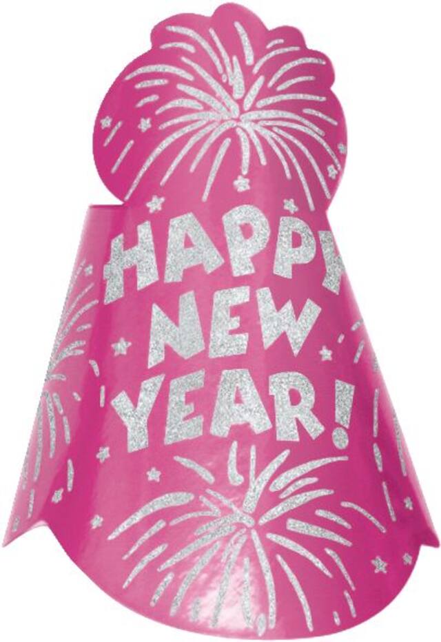 Chapeau de fête Happy New Year feux d'artifice, rose Front_Flat