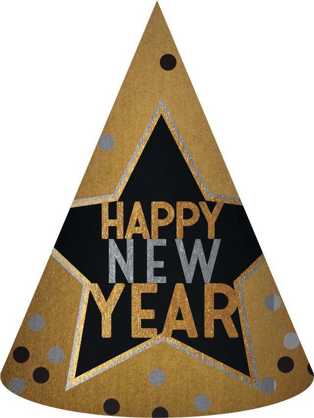 Chapeau de fête Happy New Year noir, doré et argenté Front_Flat
