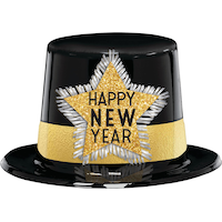 Glitter Happy New Year Top Hat, Black/Gold Front_Elevated