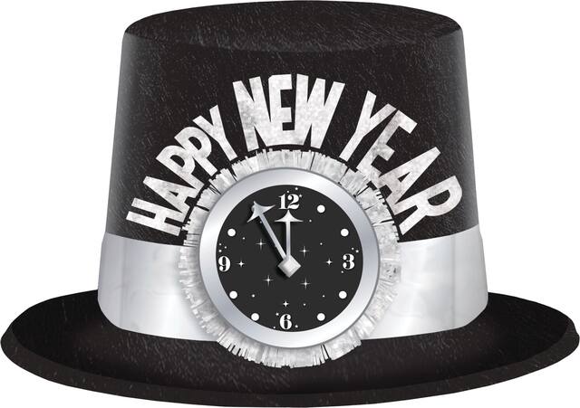 Chapeau haut de forme à paillettes horloge Happy New Year, noir et argenté Front_Elevated