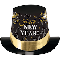 "Happy New Year" Top Party Hat, Gold/Black, One Size, for New Year's Eve Front_Elevated