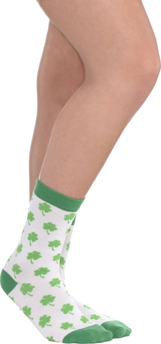 Adult Shamrock Crew Wearable Socks, Green/White One Size, for St. Patrick's Day Front_Angled_Right