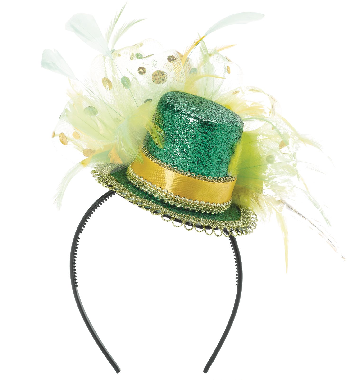 St. Patrick's Day Fancy Glitter Mini Top Hat Headband, Green Front_Flat