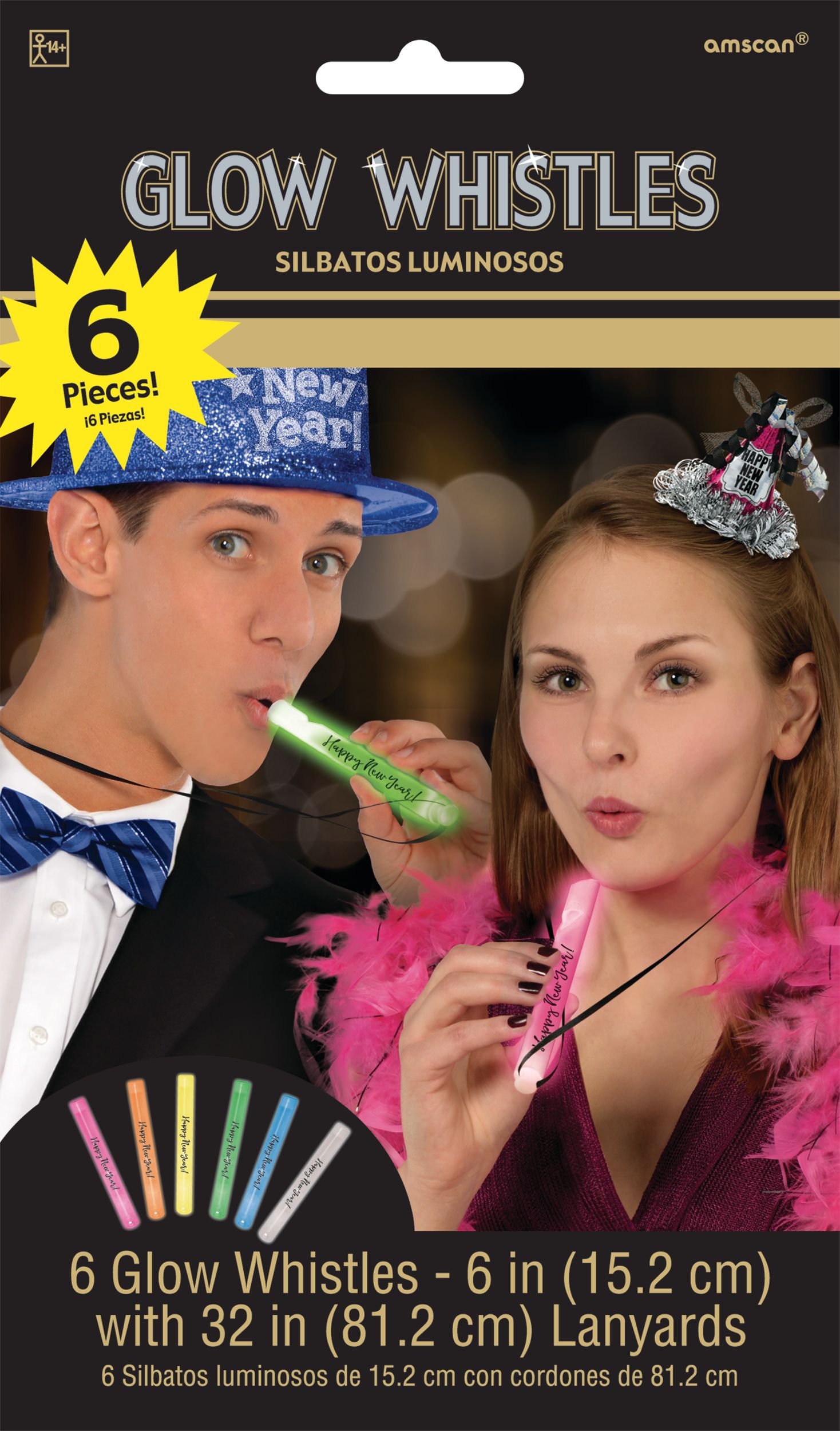 "Happy New Year" Glow Stick Whistle Necklaces, Multi-Coloured, One Size, 6-pk, for New Year's Eve Front_Flat