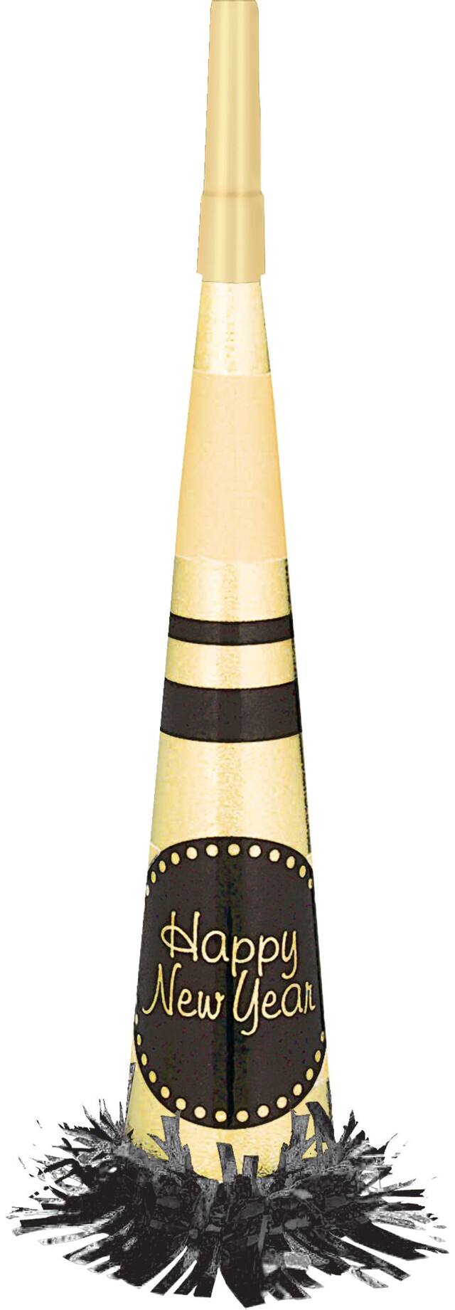 Black & Gold Fringe Happy New Year Party Horn Overhead_Flat