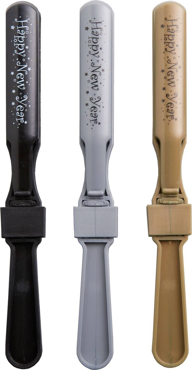 "Happy New Year" Mega Value Pack Variety of Blowout Noisemakers, Black/Gold/Silver, 50-pk, for New Year's Eve Front_Flat