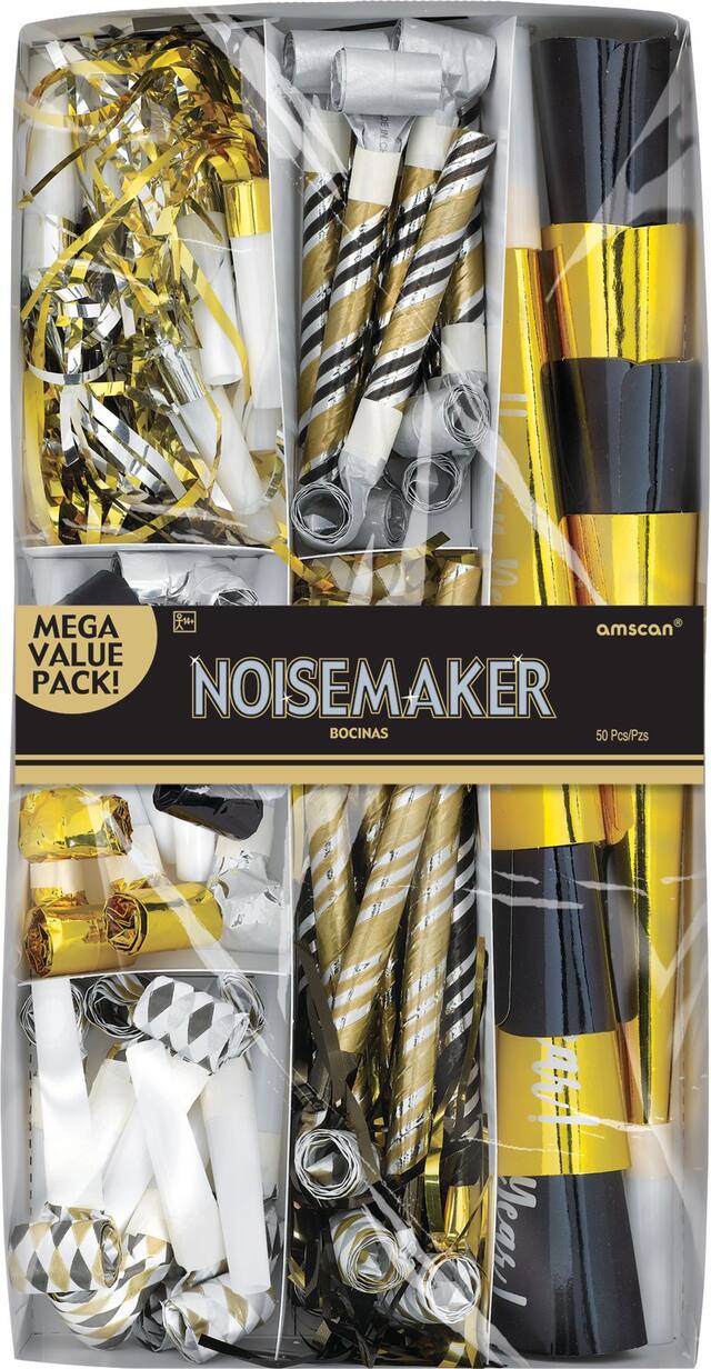 "Happy New Year" Mega Value Pack Variety of Blowout Noisemakers, Black/Gold/Silver, Striped, 50-pk, for New Year's Eve Front_Flat