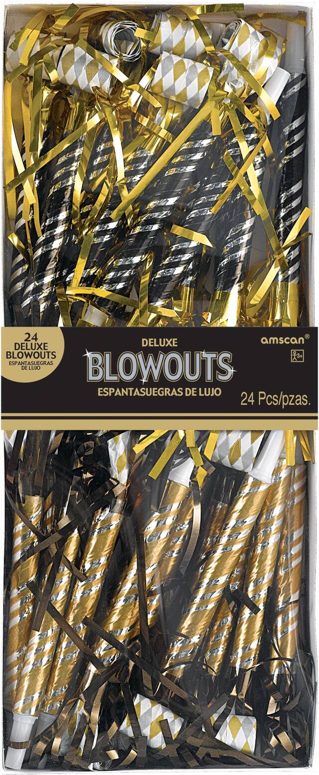 Metallic Fringe Blowout Noisemakers, Black/Gold/Silver, 24-pk, for New Year's Eve Front_Flat