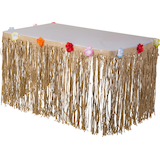 Rectangle Plastic Fringe Grass Reusable Table Skirt, Tan, Floral, 10x29-in, for Summer Party Front_Angled_Left