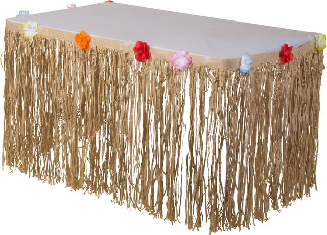 Jupe de table rectangulaire en plastique à franges en faut gazon réutilisable, havane, floral, 10 x 29 po, pour fête estivale Front_Angled_Left