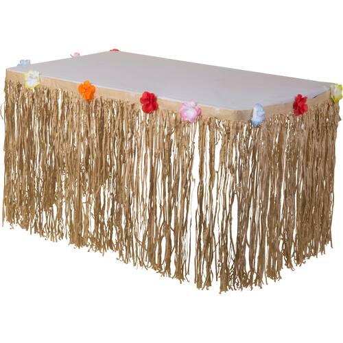 Rectangle Plastic Fringe Grass Reusable Table Skirt, Tan, Floral, 10x29-in, for Summer Party