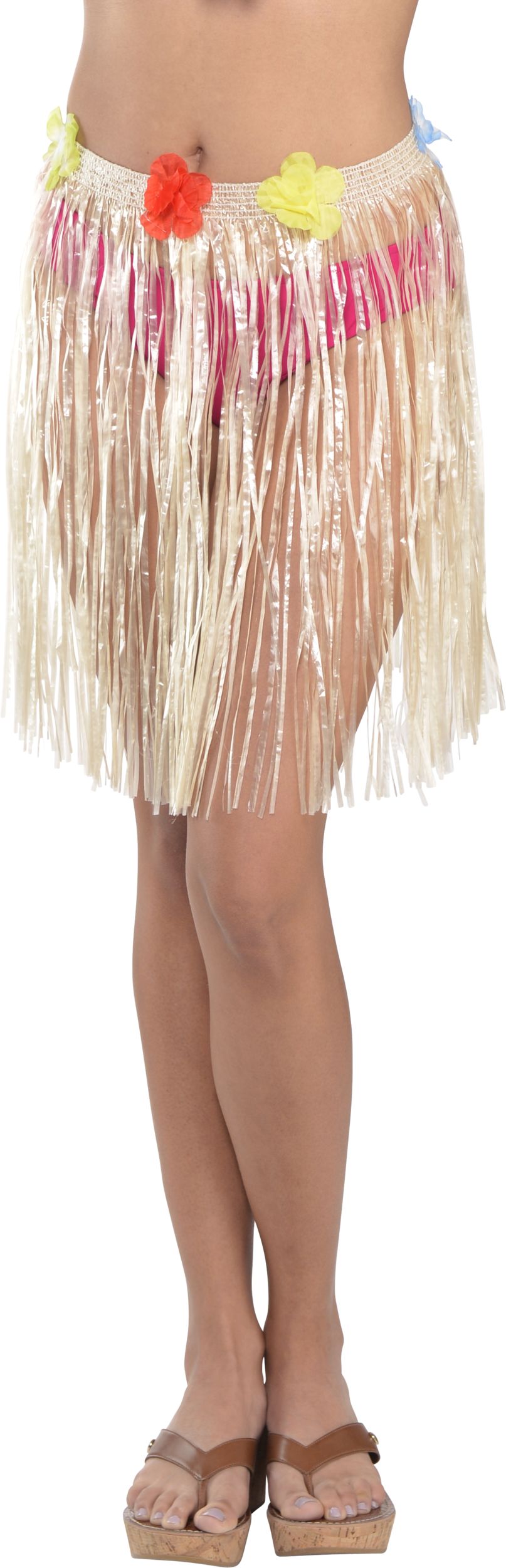 Adult Plastic Grass Hula Skirt with Flowers, Tan, One Size, for Summer Party Front_Angled_Left