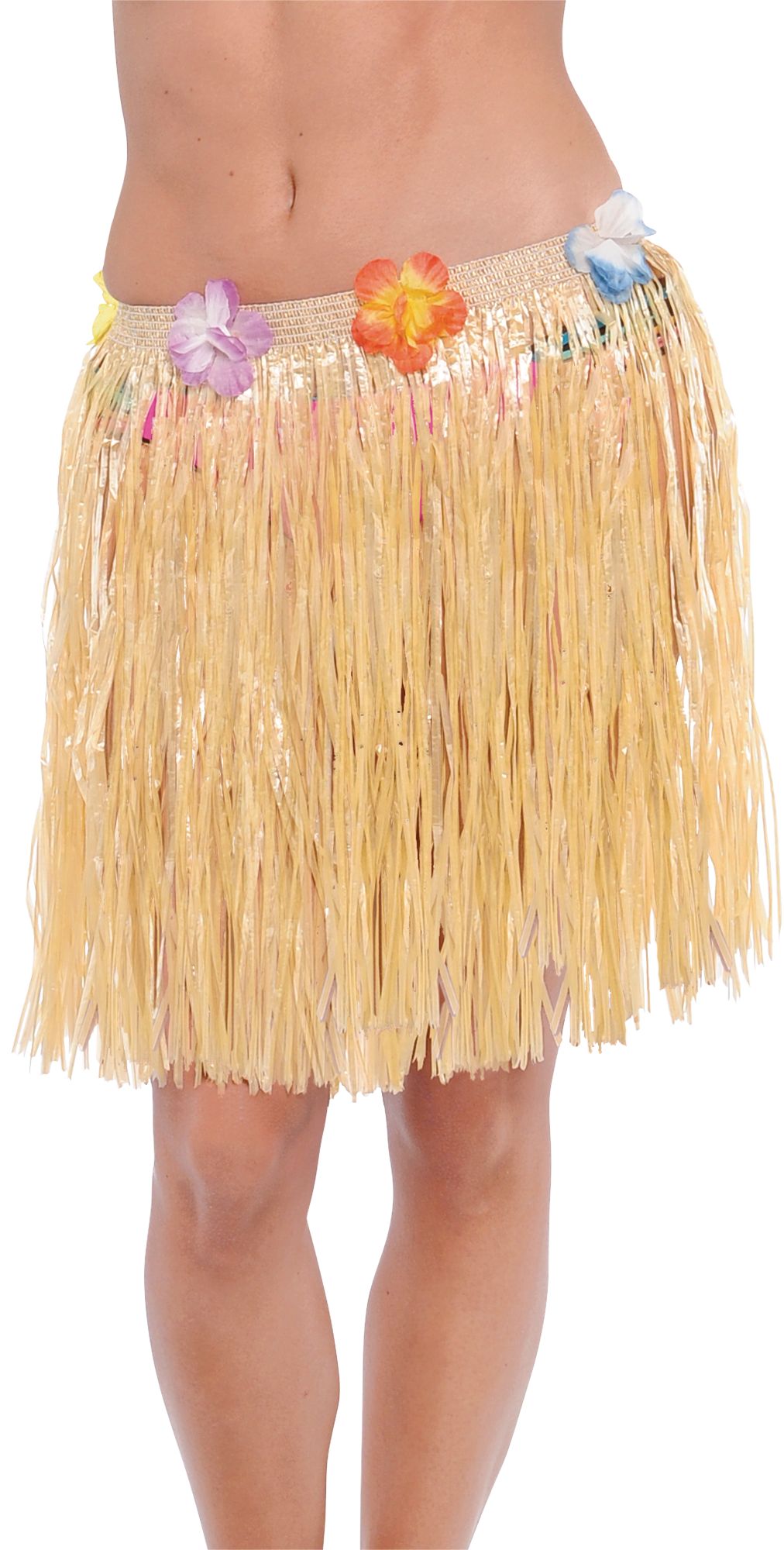 Adult Plastic Grass Hula Skirt with Flowers, Tan, One Size, for Summer Party Front_Angled_Left