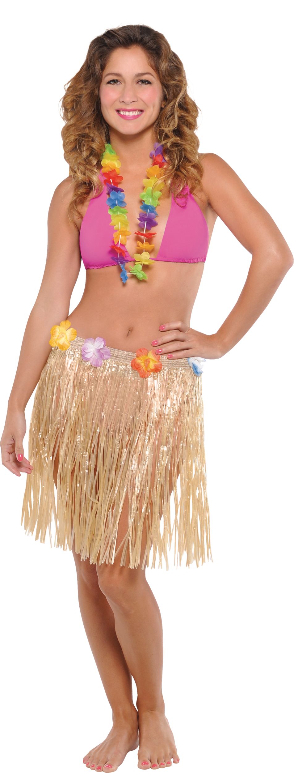 Adult Plastic Grass Hula Skirt with Flowers, Tan, One Size, for Summer Party Front_Flat