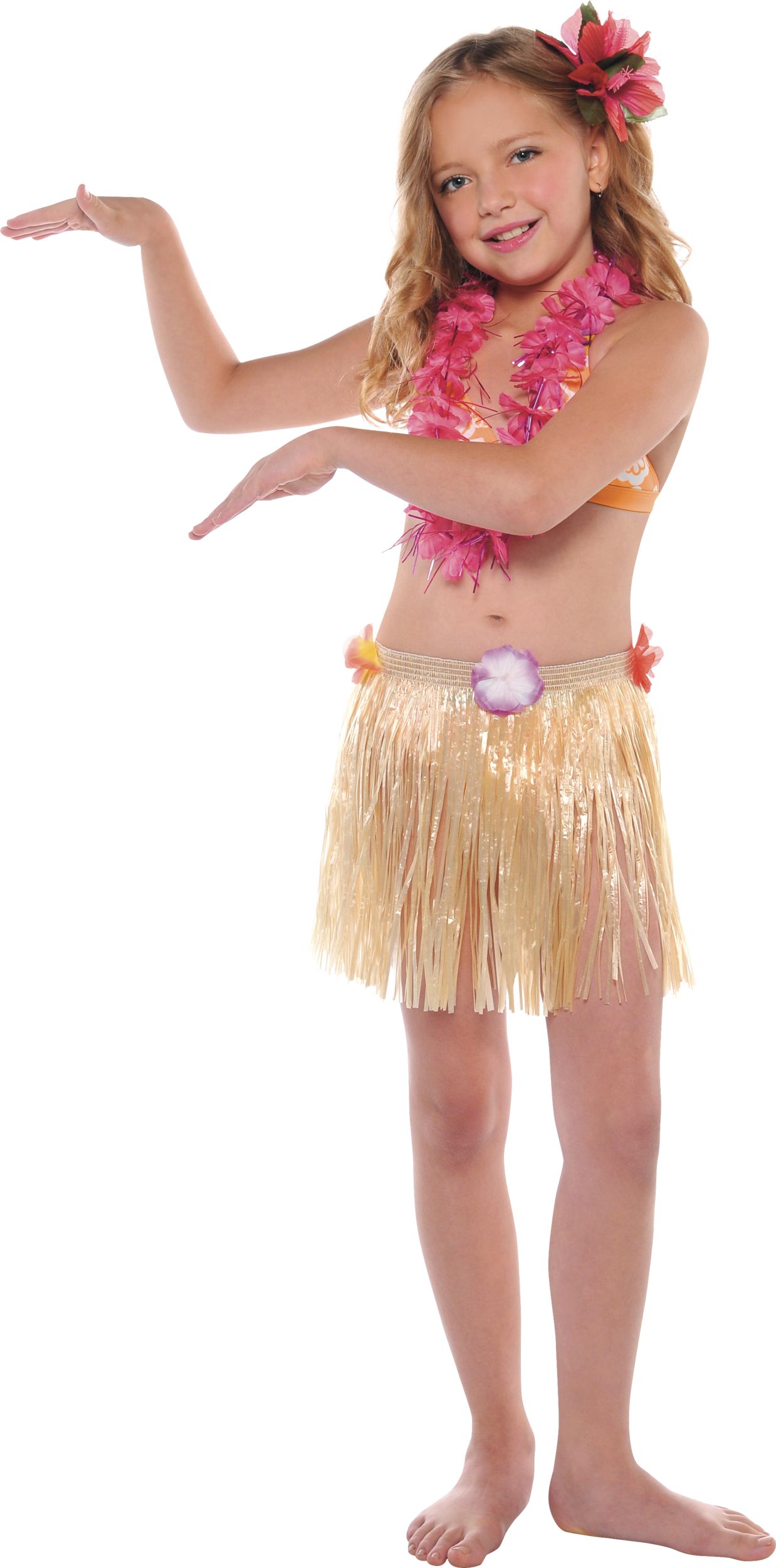 Kids Plastic Grass Hula Skirt with Flowers, Tan, One Size, for Children's Summer Party Front_Flat