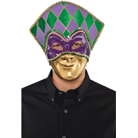 Jester Face Mask Wearable, Gold/Green/Purple, One Size, for Mardi Gras Front_Flat