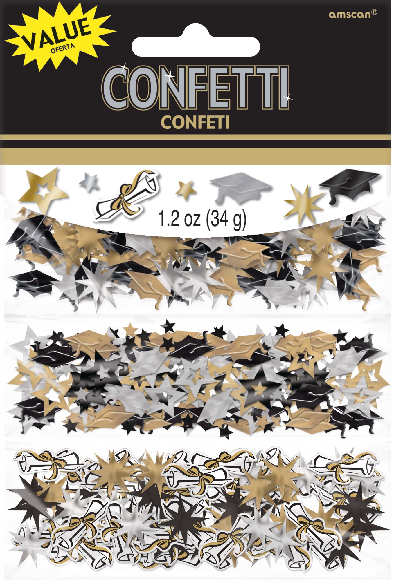 Diploma/Graduation Cap/Stars Confetti Table Scatter Decoration, Black/Gold/Silver, 1.2-oz, for Graduation Front_Flat