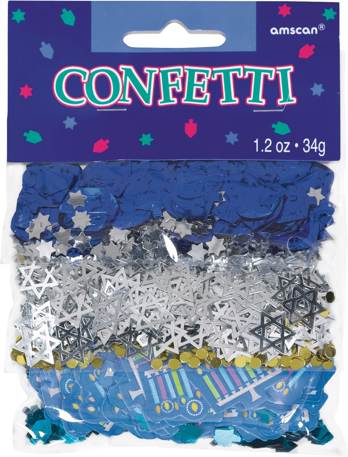 Menorahs/Dreidels/Stars of David Confetti Table Scatter Decoration, Blue/Silver/Gold, 1.2-oz, for Hanukkah Front_Flat