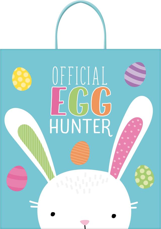 "Official Egg Hunter" Bunny Rabbit Paper Gift Bag, Blue, 16-in, 3-pk, for Easter Front_Flat