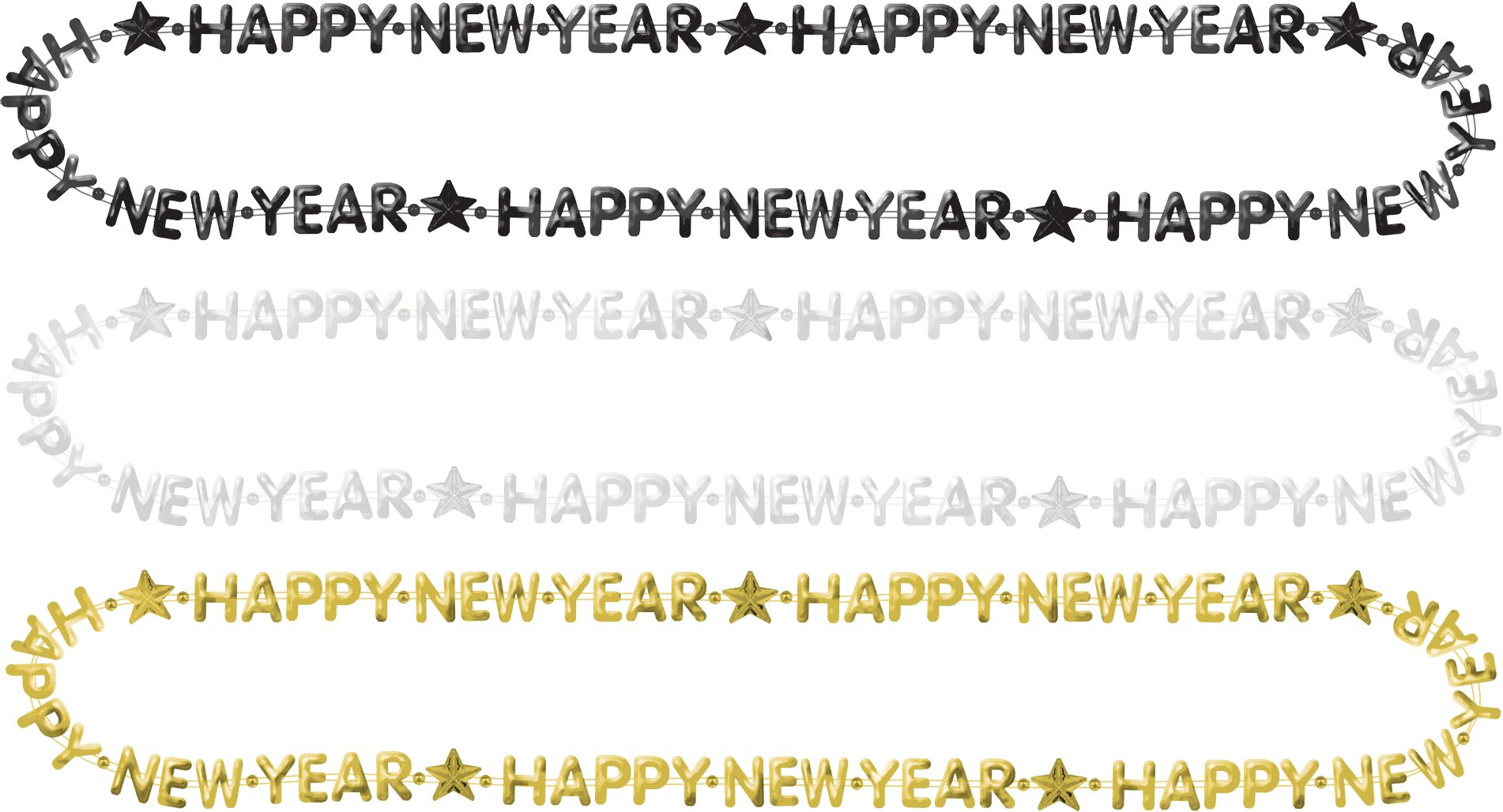 Colliers avec mention Happy New Year, noir/doré/argenté, 33 po, paq. 3, accessoires à porter pour la veille du jour de l'An Overhead_Flat