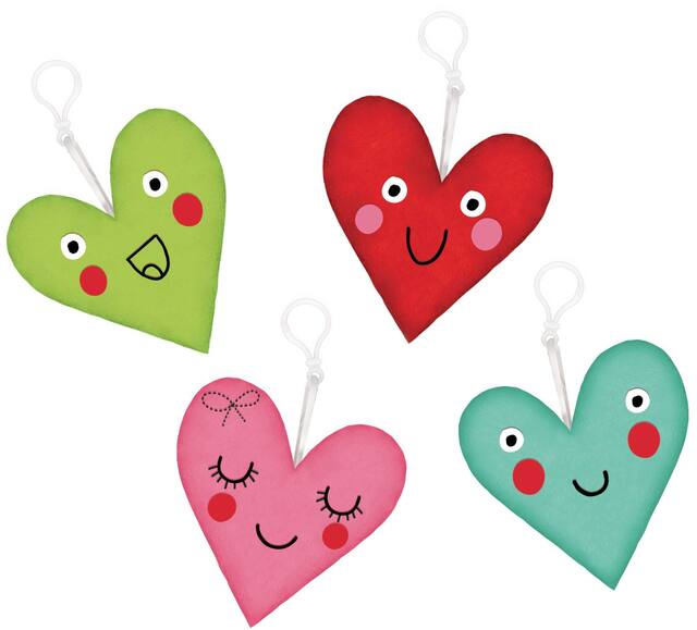 Porte-clés en peluche à pince Visage en forme de cœur, paq. 4 Front_Flat