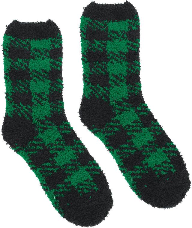Adult Fuzzy Green Buffalo Plaid Socks Side_Right